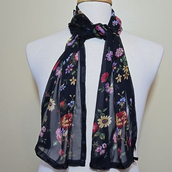 Lauren Ralph Lauren 100% Silk Dark Floral Scarf Green Label Heritage Old Money - Picture 13 of 14